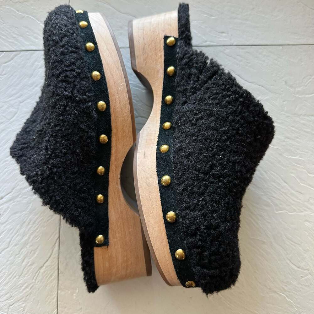 J Crew Faux Fur Sherpa Black Wooden Clogs Shoes Women Size 6 - Picture 1 of 7